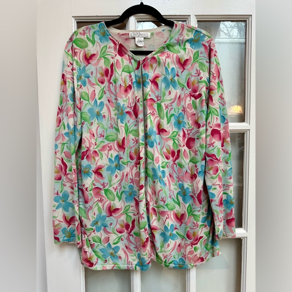 Vintage Diane Von Furstenberg Silk Assets Silk Floral Cardigan Sweater Size L